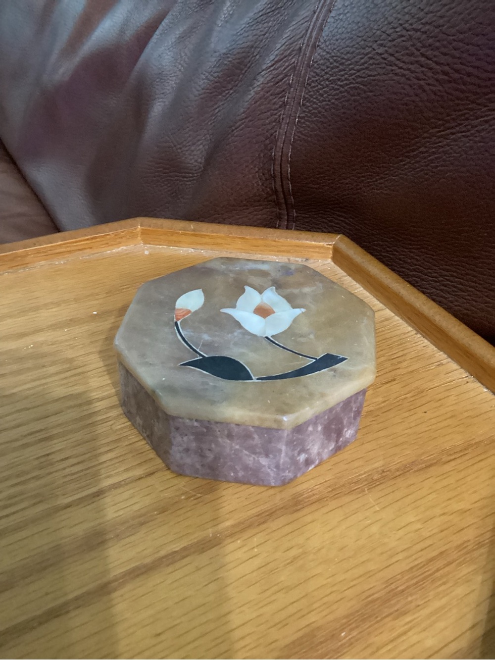 Vintage Octagonal Carved Soapstone Trinket Box with Mother of Pearl Inlay